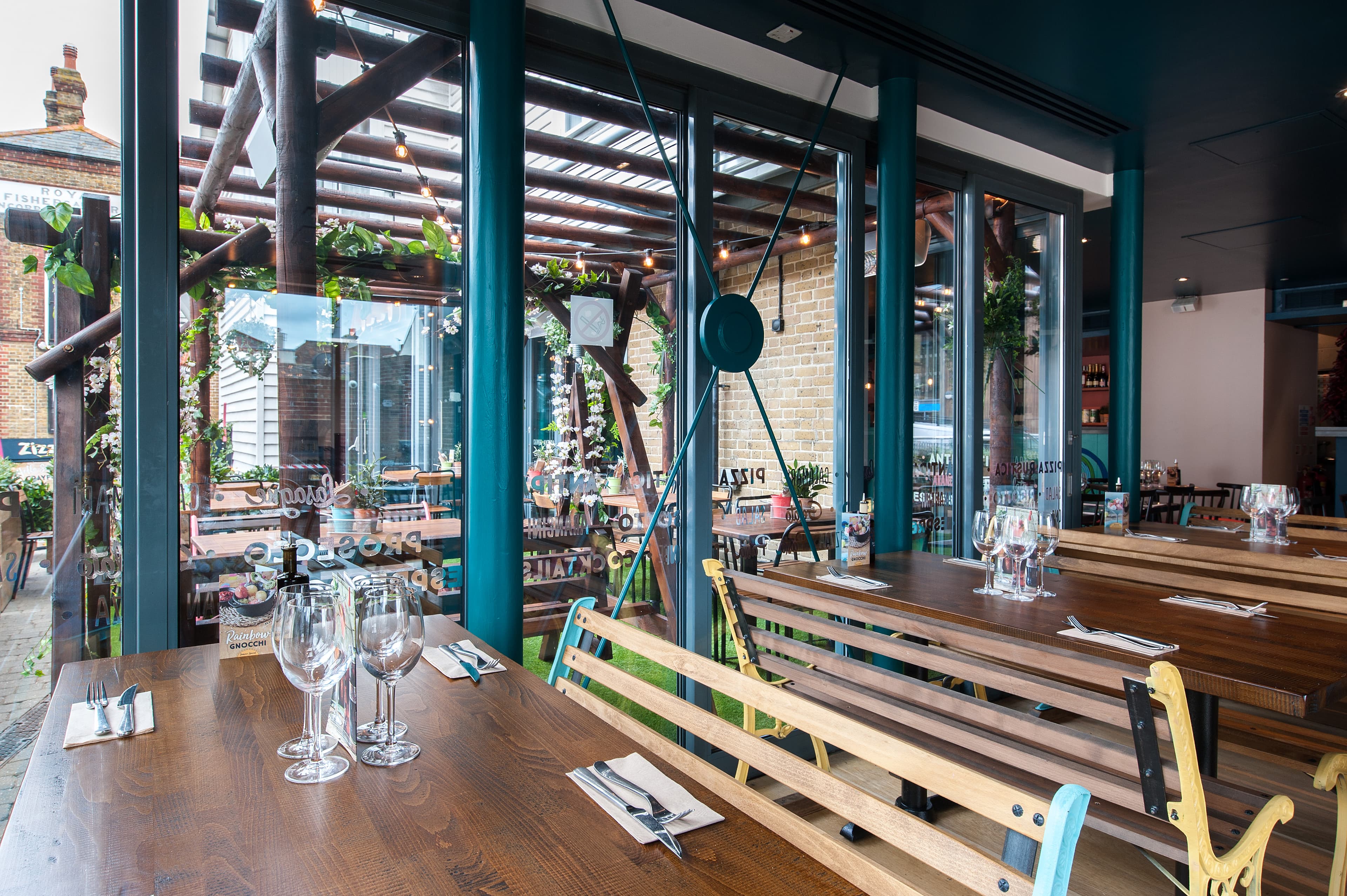 Zizzi Whitstable, coastal inspired interior with rustic and modern details.