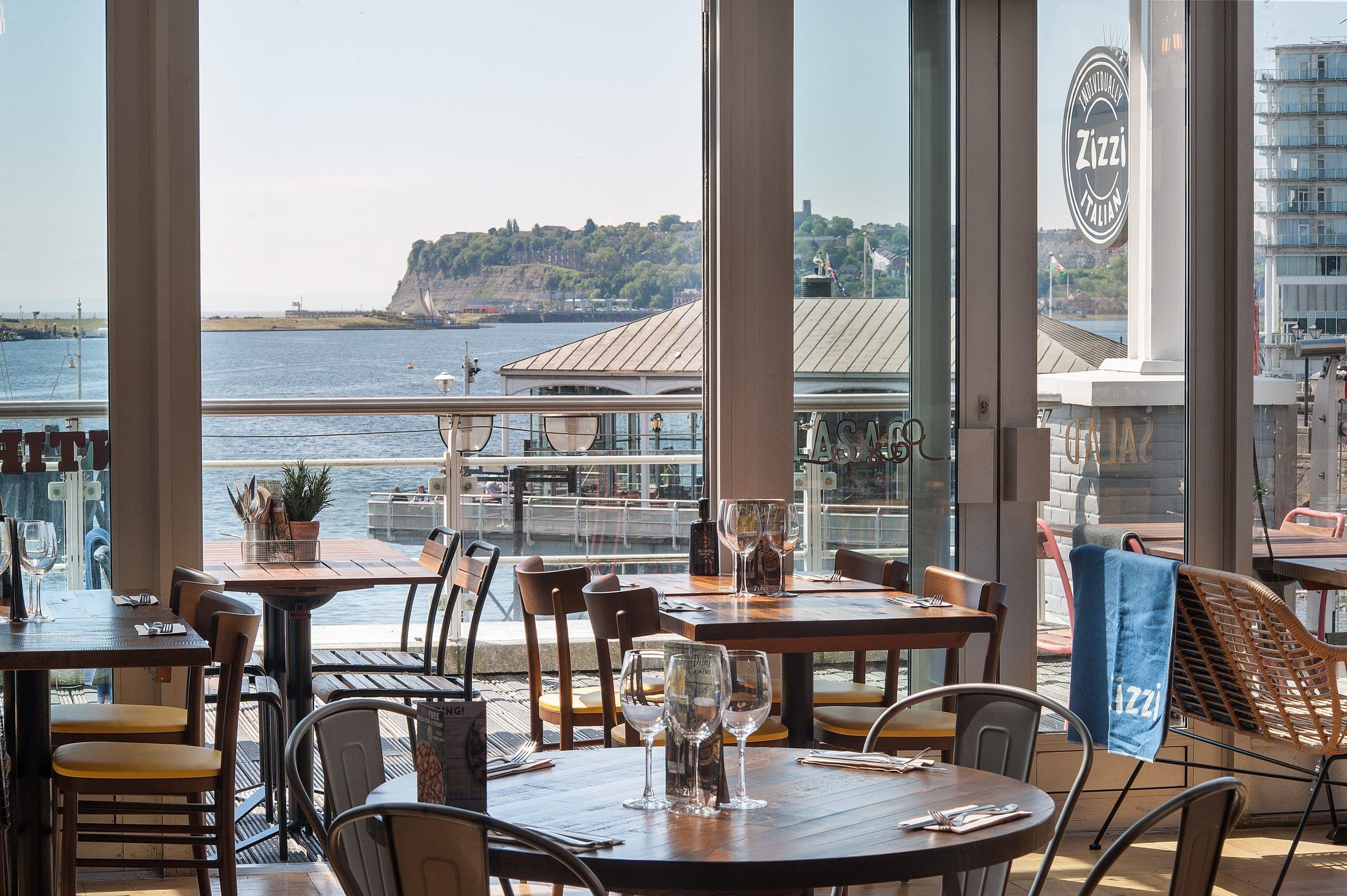 Zizzi Cardiff, Mermaid Quay Interiors with view over quay