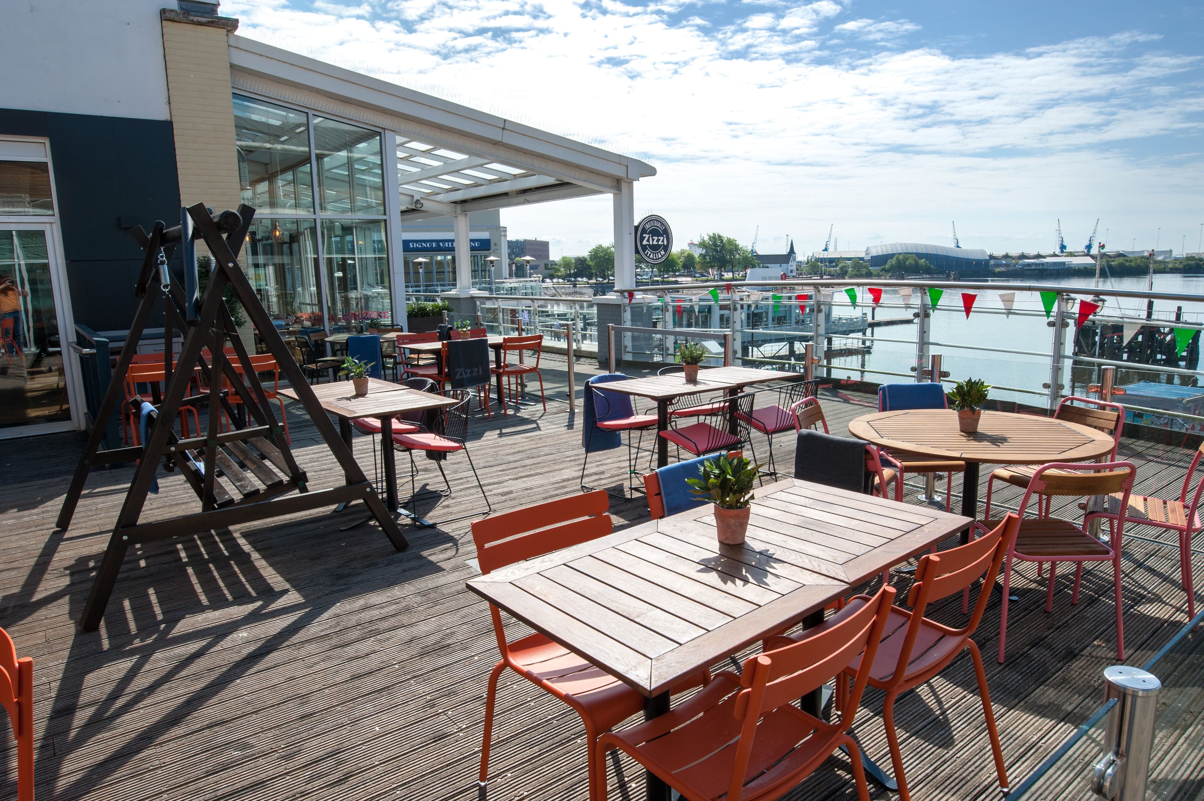 Outside seating at Zizzi Cardiff Mermaid Quay