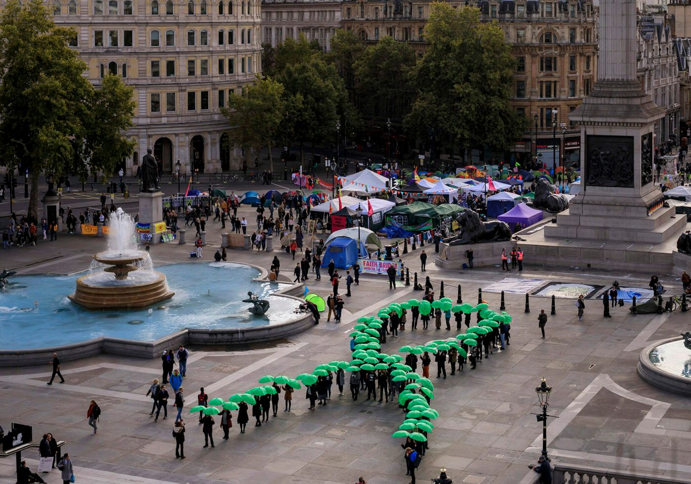 Mental Health Foundation, giant human green ribbon, Trafalgar Square, London – 9th Oct 2019 