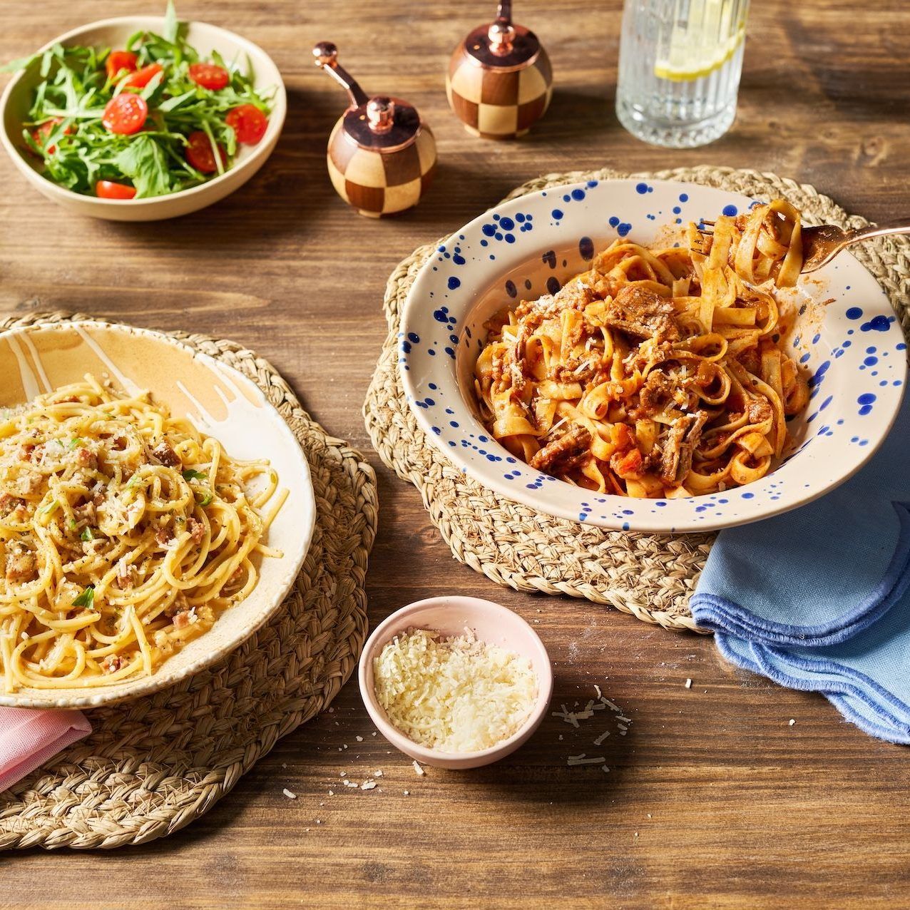 Photo of Chorizo Carbonara and Beef Ragu on dinner placemats 