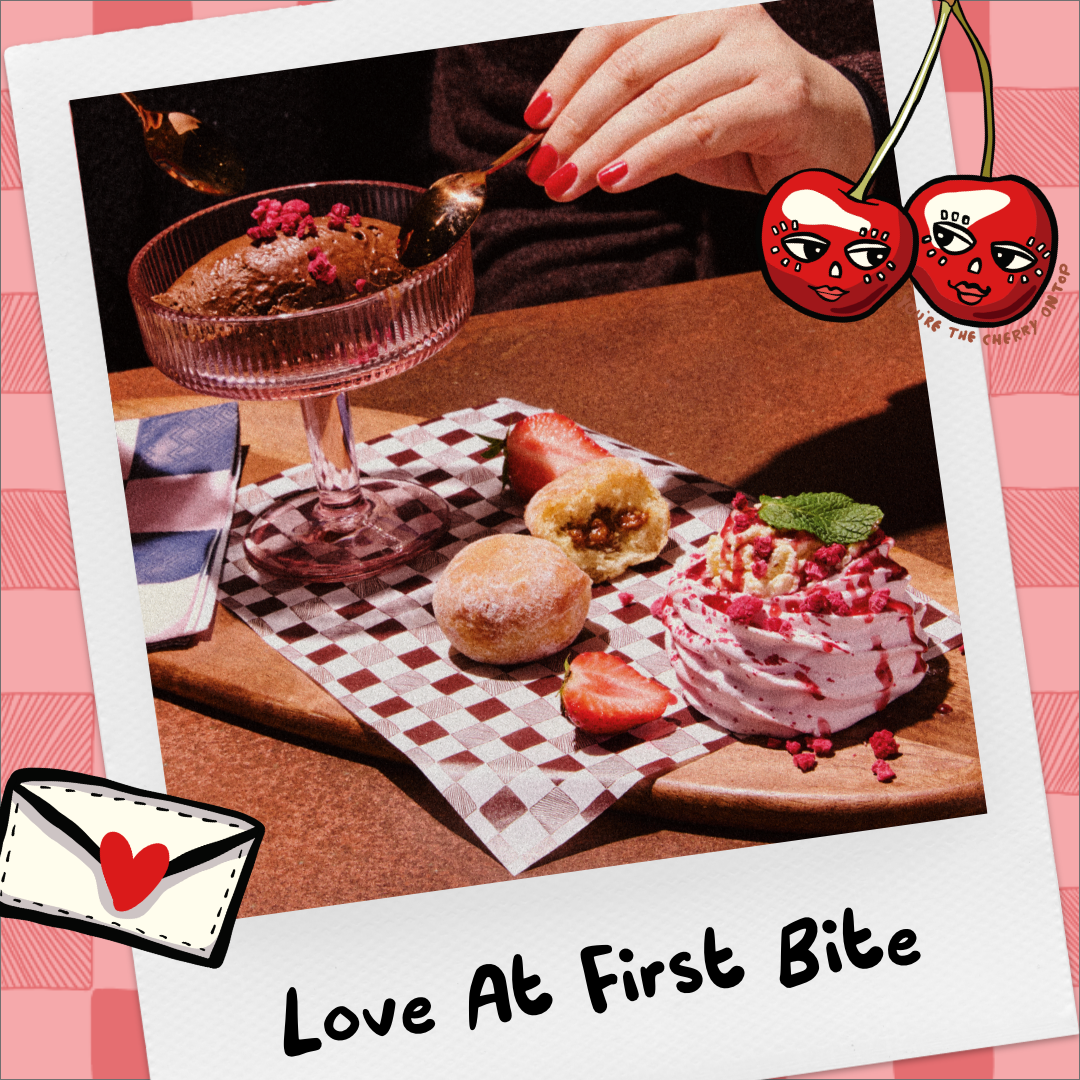 Love At First Bite dessert with chocolate mousse, mini doughnuts and strawberry pavlova. 