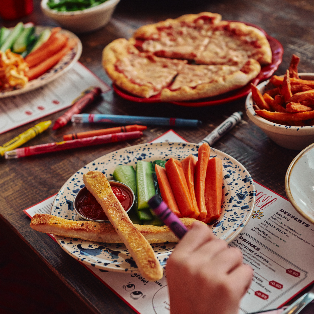 Bambini Kids Meal with pizza, pasta, vegetables 