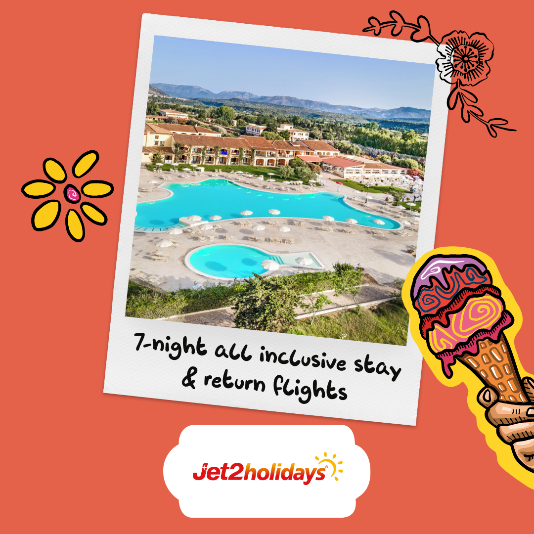 Polaroid of hotel prize with swimming pools and blue skies 